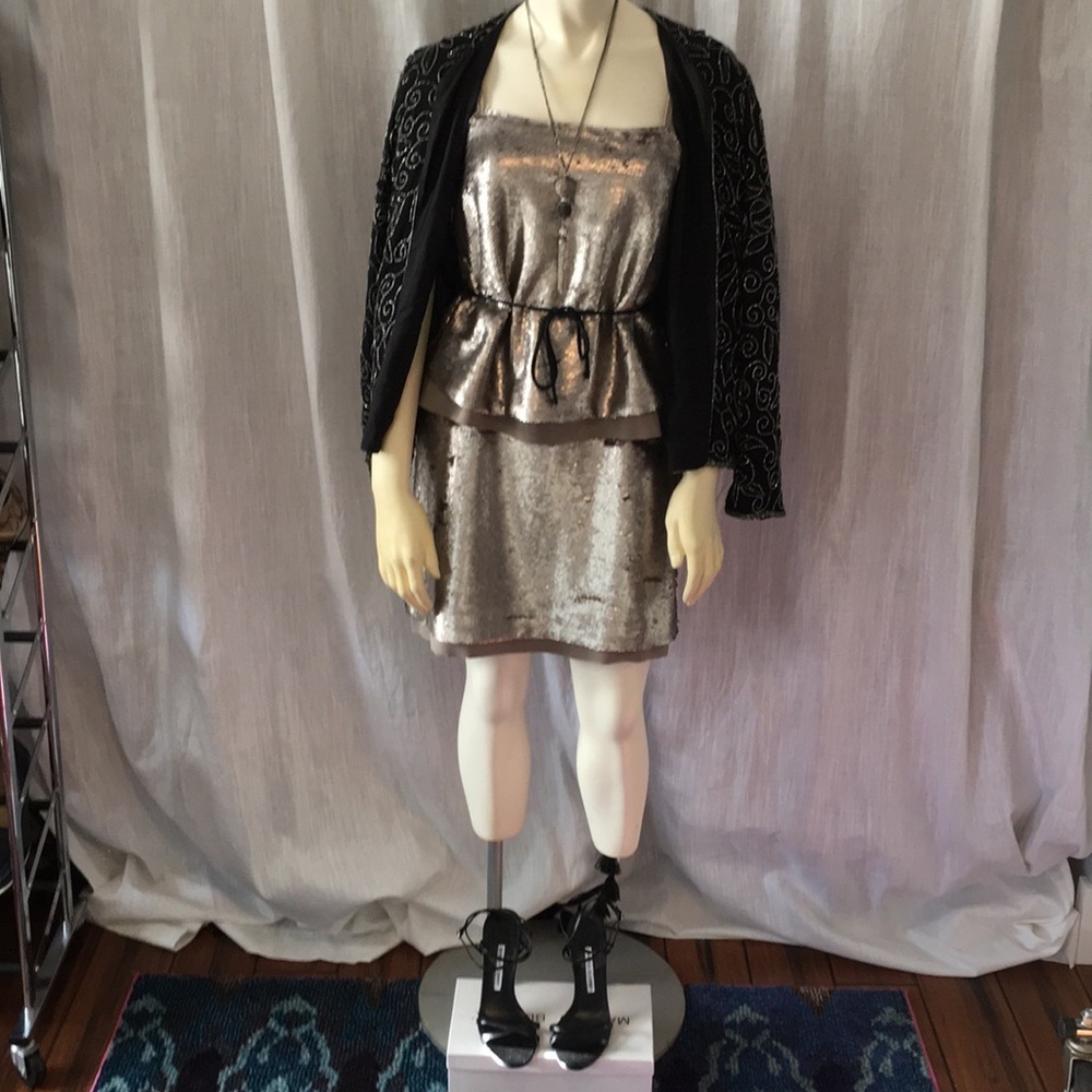 NWT pewter sequined silk trimmed cocktail dress - Picture 4 of 5